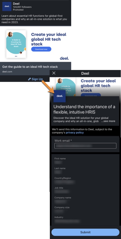 Another LinkedIn lead gen form example, this one is from Deel
