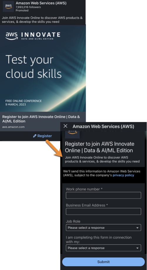 LinkedIn lead gen form example 2, this time from AWS