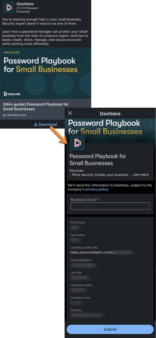 LinkedIn lead gen form example 7 from Dashlane