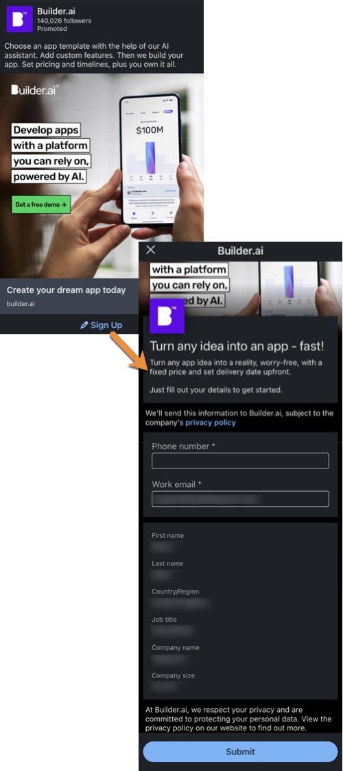 Builder.ai’s lead generation form on LinkedIn, our eighth example