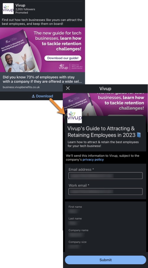 Example of a lead generation form on LinkedIn from Vivup