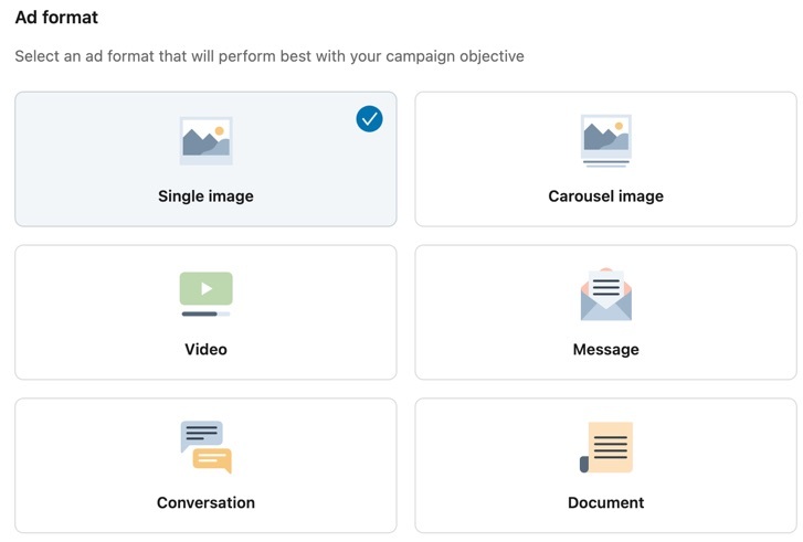 LinkedIn’s ad format options for a lead generation campaign