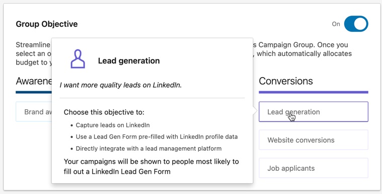 Select the lead generation objective for your LinkedIn campaign