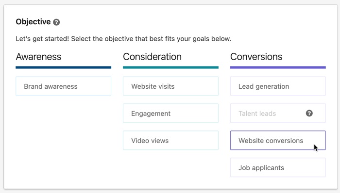 Choose the Website conversions objective