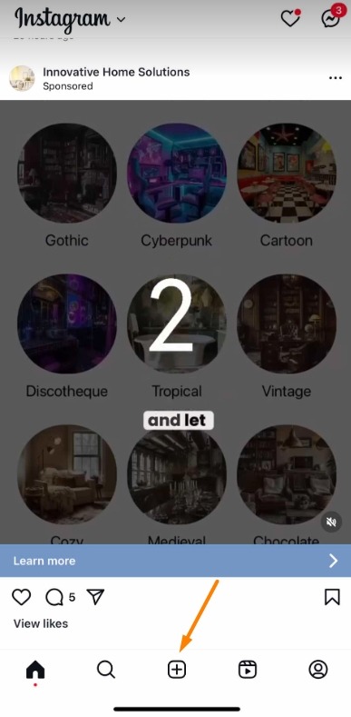 To start creating Instagram Reels click the plus button