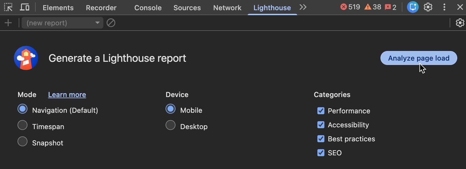 Click on the Lighthouse tab from within Chrome DevTools