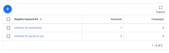 Negative keyword lists in Google Ads