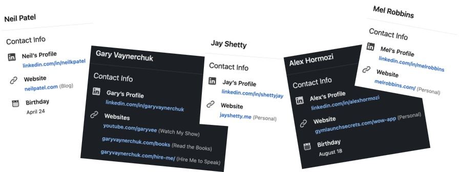 The different styles of contact information that people with personal brands are sharing on LinkedIn