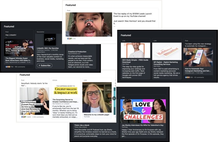 Different examples of the Featured section on LinkedIn’s personal profile sections