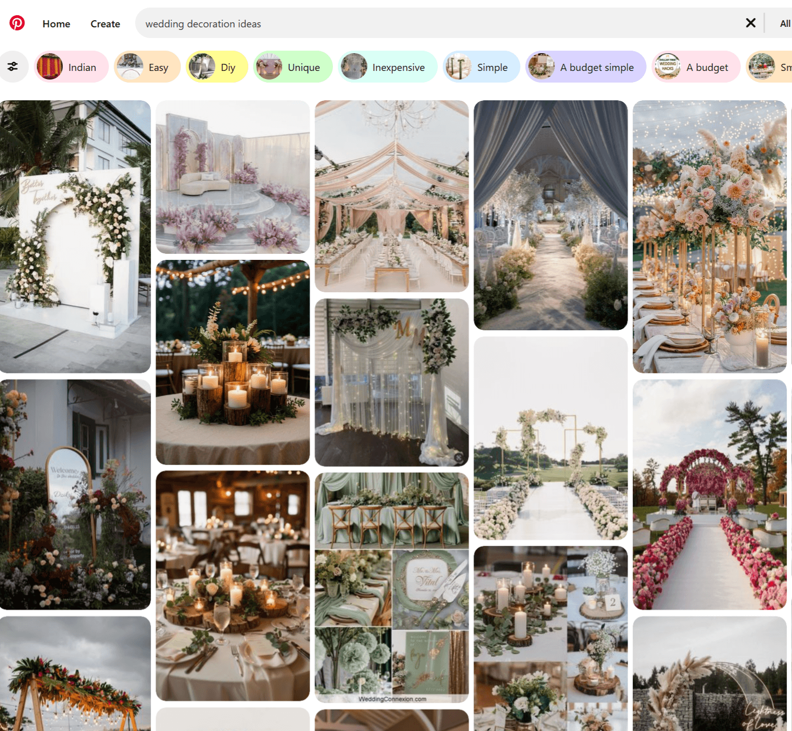 Searching feeds on Pinterest for wedding decorations