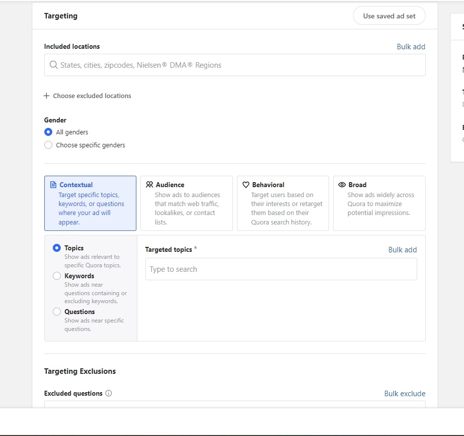 Set the targeting for your Quora Advertising campaign
