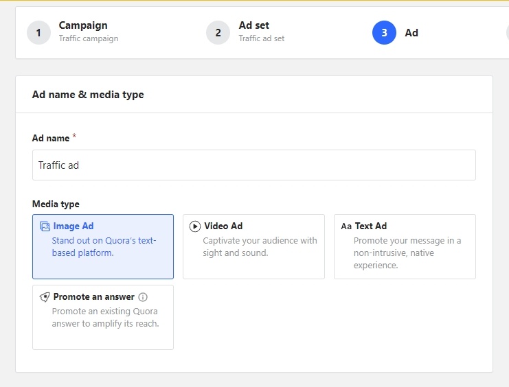 Select the media type you want to use for your Quora ad