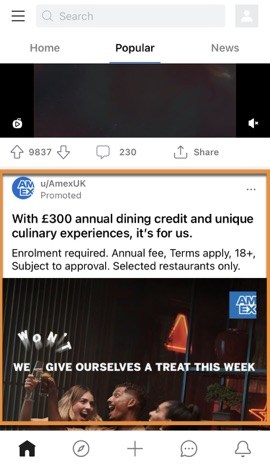 Example of an ad shown in Reddit’s Popular feed
