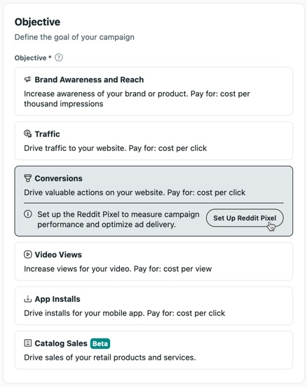 Select the objective for your Reddit ad campaign