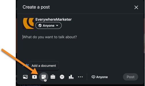 Click the Add a document icon to share a document on LinkedIn