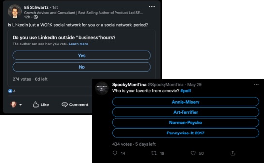 Examples of running a poll on LinkedIn and Twitter