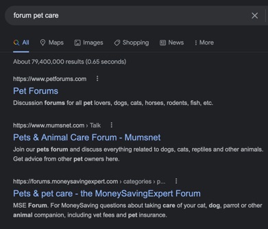 Example of finding relevant forums on Google that you can contribute content to, by repurposing existing blog content