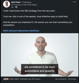 Neil Patel repurposing a video for LinkedIn