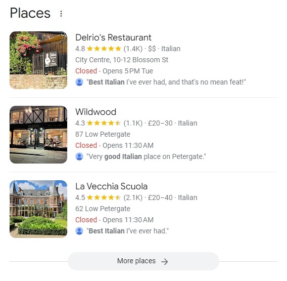 Google Assistant results for the best Italian restaurant in York United Kingdom