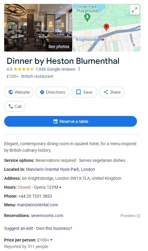 Restaurant snippet on Google example