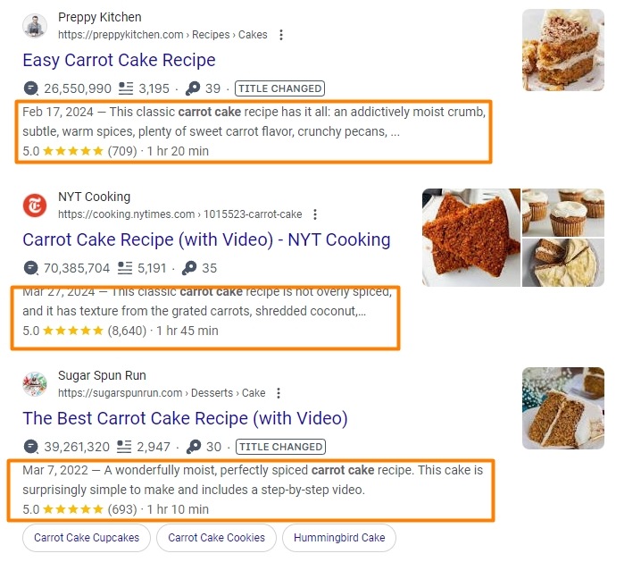 Rich snippets on search engine