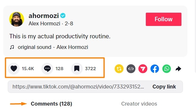 An example of TikTok engagement for TikTok Algorithm explained with Alex Hormozi’s account