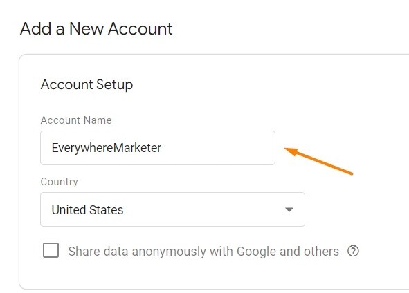 Setting up the account for Google Tag Manager with the account name and country.