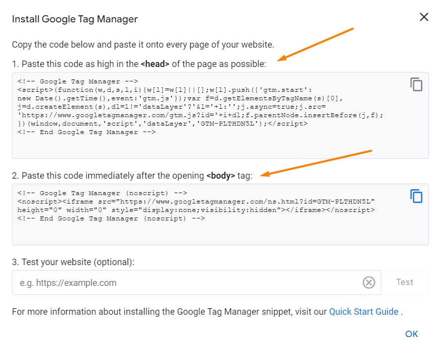 Google Tag Manager codes for copying