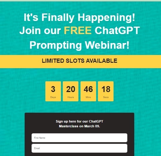 A sample landing page for a ChatGPT prompting webinar