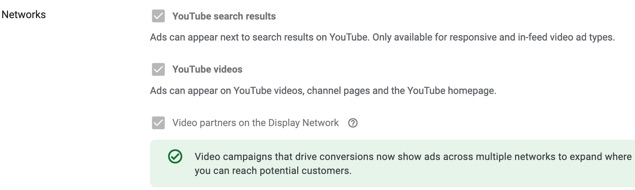 Networks where your video ad will be shown, including search