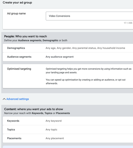 Target your video ad via the ad group settings