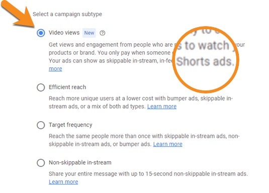 Video views as your subtype option for the campaign